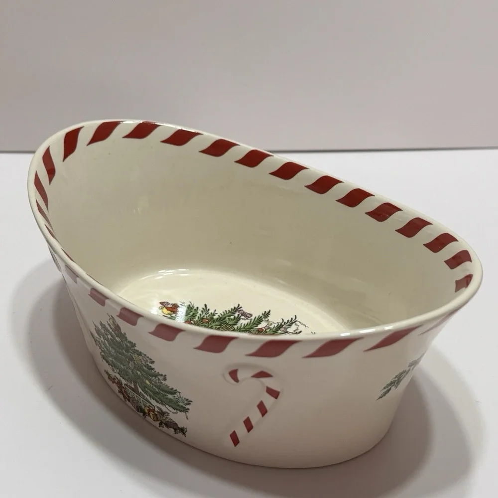 Spode Christmas Tree Peppermint Oval Bowl Holiday Serving Dish Candy Cane 9